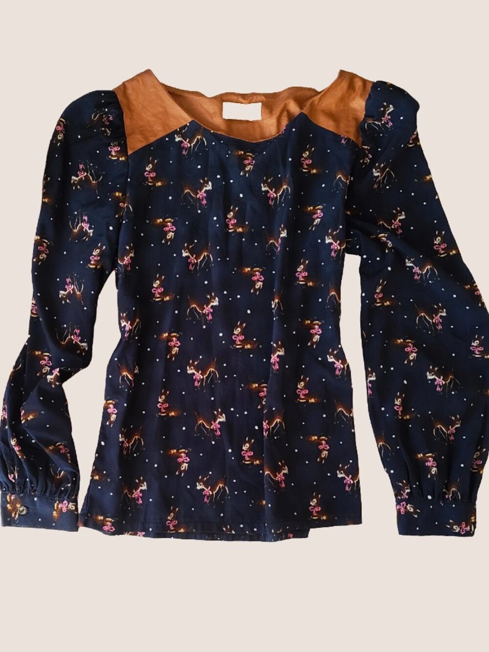 Deer print vintage shirt with faux leather collar